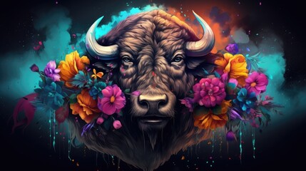 Wall Mural -  a painting of a bull with flowers around it's neck and a blue sky background with clouds in the background.  generative ai