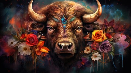 Poster -  a painting of a bull with flowers on it's head and a butterfly on it's forehead, surrounded by roses and other flowers.  generative ai