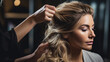 © Studio Nova - A hairstylist working on a woman's hair, carefully styling it, while the woman, with professionally done makeup, is seen in profile against a blurred salon background.