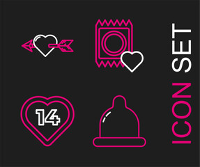 Sticker - Set line Condom, Heart, in package and Amour with heart and arrow icon. Vector