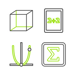 Poster - Set line Sigma symbol, Graph, schedule, chart, diagram, Tablet with calculator and Geometric figure Cube icon. Vector