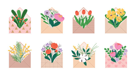 Wall Mural - Envelopes with flowers, floral bouquets inside envelope. Spring summer congratulation concept. Plants gifts, romantic declaration racy vector set