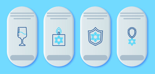 Sticker - Set line Burning candle, Shield with Star of David, Jewish goblet and necklace on chain icon. Vector