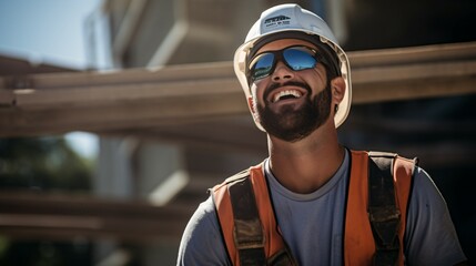 Wall Mural - Successful male architect at building site looking at camera. Confident construction manager wearing blue helmet and yellow safety vest with copy space. Portrait of successful mature civil engineer.