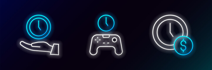 Sticker - Set line Time is money, Clock and Gamepad of time icon. Glowing neon. Vector