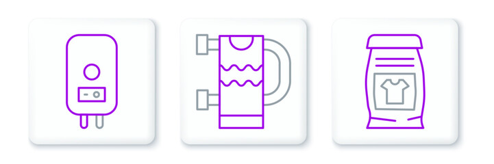 Sticker - Set line Laundry detergent, Electric boiler and Heated towel rail icon. Vector