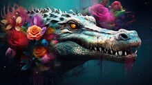  A Close Up Of A Alligator With Flowers On It's Head And A Background Of Blue, Green, Pink, And Red Flowers.  Generative Ai