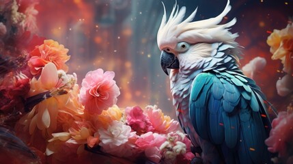 Sticker -  a blue and white parrot sitting on top of a tree filled with pink and yellow flowers on a dark background.  generative ai