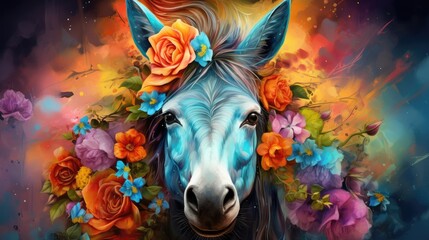 Wall Mural -  a painting of a horse with a flower crown on it's head, surrounded by colorful flowers and leaves.  generative ai