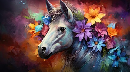 Poster -  a painting of a horse with a bunch of flowers on it's head and a background of multicolored flowers.  generative ai