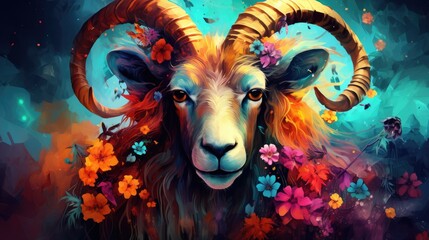 Wall Mural -  a painting of a ram with long horns and flowers on it's head, in front of a blue background.  generative ai