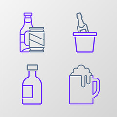 Sticker - Set line Wooden beer mug, Glass bottle of vodka, Champagne in an ice bucket and Beer and can icon. Vector