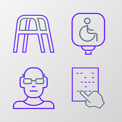 Sticker - Set line Braille, Poor eyesight, Disabled wheelchair and Walker icon. Vector