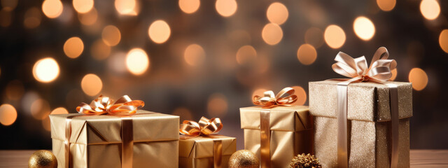 Elegantly wrapped Christmas presents adorned with shimmering ribbons, placed on a table, with a softly lit Christmas tree in the background