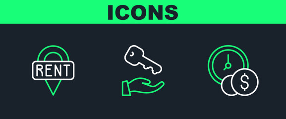 Sticker - Set line Time is money, Location key and House icon. Vector