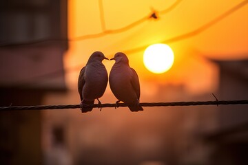 Two pigeons on a wire, silhouette in the sunset, love birds, in the style of humor meets heart, backlight