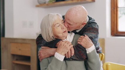 Poster - Senior couple, hug and home with marriage support and love together with a smile and loyalty. Retirement, relax and elderly people in a house with happy, kindness and care of pensioner with trust