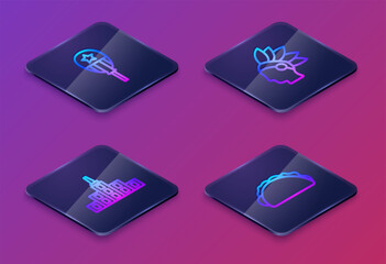 Set Isometric line Balloons, City landscape, Native American Indian and Taco with tortilla. Blue square button. Vector