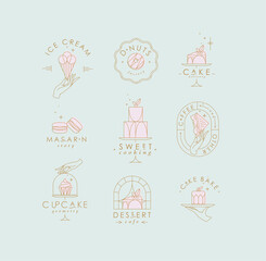 Wall Mural - Bakery dessert labels with lettering in art deco style drawing with pink on turquoise background