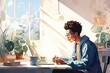 © Georgii - Drawing of African American teenager sitting at desk with laptop in cozy room. Smart black kid doing his homework, having online lesson, participating in web meeting with tutor. Home schooling concept