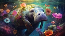  A Painting Of A Hippopotamus Swimming In A Pond Of Water Surrounded By Wildflowers And Butterflies.  Generative Ai
