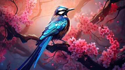 Sticker -  a blue bird sitting on a branch of a tree with pink flowers in the foreground and a pink sky in the background.  generative ai