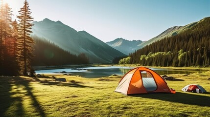 Tourist camp in the mountains tent in the foreground 