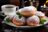 Fototapeta  - German donuts - krapfen or berliner - filled with jam. Associated with the concepts of Fat Tuesday, Fat Thursday, and Mardi Gras festival. AI