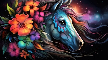 Canvas Print -  a close up of a horse with flowers on it's head and a sky background with stars and clouds.  generative ai