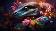  a close up of a blue snake with flowers on it's head and a body of water in the background.  generative ai