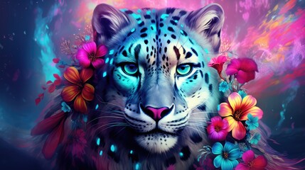 Canvas Print -  a painting of a white tiger with blue eyes and pink and orange flowers around its neck, with a blue and pink background.  generative ai