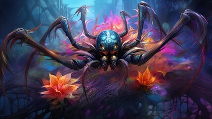 Wall Mural -  a painting of a giant spider with a face on it's back, surrounded by flowers and a fence.  generative ai