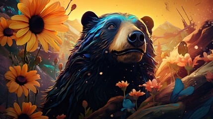 Sticker -  a painting of a bear with sunflowers in the foreground and a yellow sky in the back ground.  generative ai