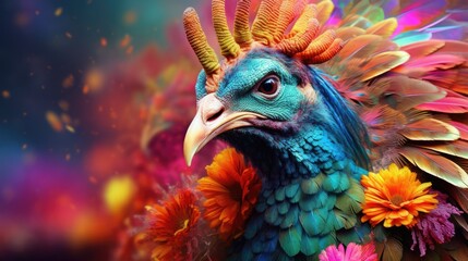 Sticker -  a close up of a colorful bird with feathers and flowers on it's head with a blue sky in the background.  generative ai