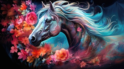 Poster -  a painting of a horse with long hair and flowers in its mane, with blue sky and clouds in the background.  generative ai