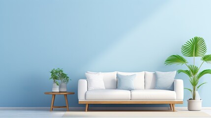 Poster -  a living room with a white couch and a potted plant on the side of the couch and a blue wall behind it.  generative ai