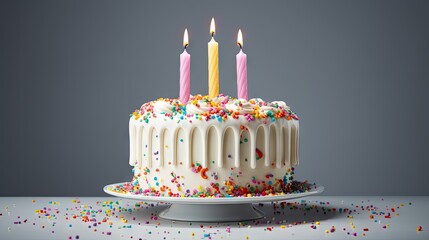  a birthday cake with white frosting and multicolored sprinkles with three lit candles on top.  generative ai