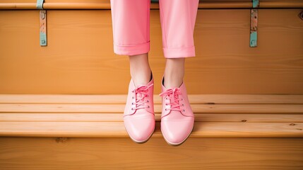  a close up of a person's feet wearing pink shoes and pink pants, standing on a wooden bench.  generative ai