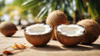 Coconut exotic nourishment on horizontal blur background. Open coco nut on premium resort.