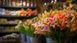 Colorful lily flower bouquet in flower shop. Mother's day concept with a space for a text. Valentine day concept with a copy space.