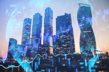 Wall Mural - Creative glowing candlestick forex chart on blurry city texture. Stock market, trading analysis and investment concept. Double exposure.