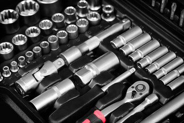 Sticker - mechanics tool kit in black box, close-up of mechanics tool kit