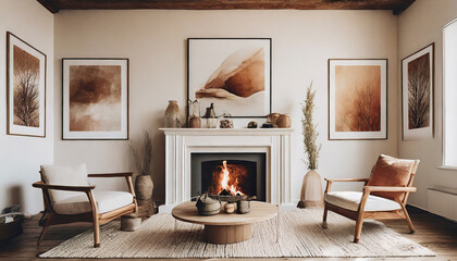 Wall Mural - Warm Retreat with Wall Mockups, Invite warmth into your Scandinavian living room with earthy tones, wooden details, and a fireplace. Wall mockups