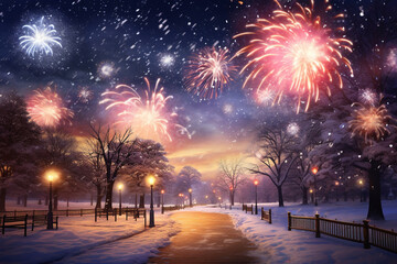 Wall Mural - Fireworks in night winter park 