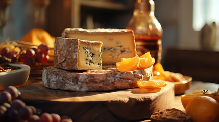 Sticker - a cheese and orange slices on a wooden board