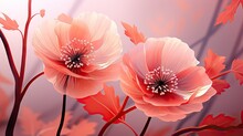  A Close Up Of Two Pink Flowers On A Branch With Red Leaves In The Foreground And A Pink Sky In The Background With Red Leaves In The Foreground.  Generative Ai