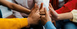 © Summit Art Creations - Startup company employee team stacking hand together symbolize successful group of business partnership and strong collective unity teamwork in community workplace in panoramic banner. Synergic