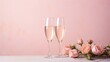 two glasses of champagne next to a bouquet of pink roses on a white table with a pink wall in the background and a pair of pink roses in the foreground.  generative ai