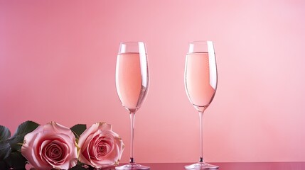 Wall Mural -  a couple of wine glasses sitting on top of a table next to a vase with a rose in it and a vase with a flower on the side of the table.  generative ai