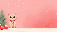  A Painting Of A Cat Next To A Christmas Tree On A Pink Background With Snow Falling On The Ground And A Red Ornament With A Red Ribbon Around It.  Generative Ai